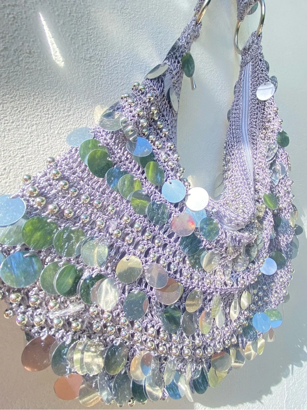 Y2K Grey Crochet Silver Sequin Hobo Shoulder Bag